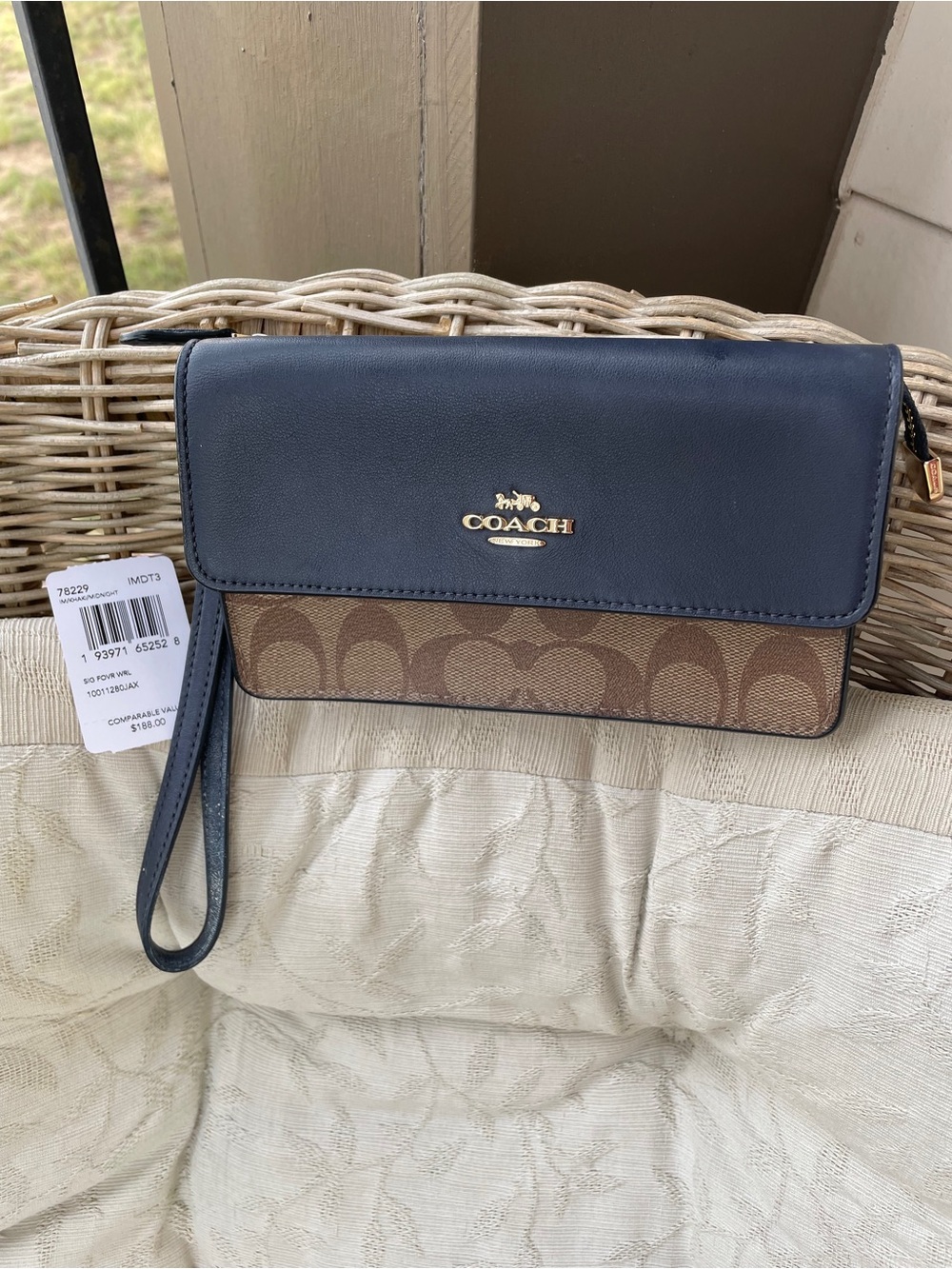 COACH Navy Leather & Brown Signature Fold over Wristlet Clutch